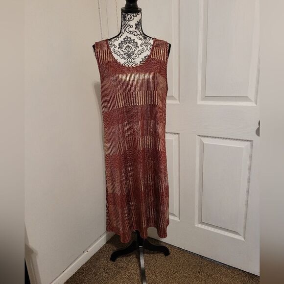 Espresso red and Metallic gold shimmer striped dress - Picture 1 of 6